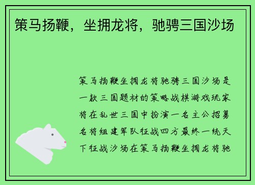 策马扬鞭，坐拥龙将，驰骋三国沙场