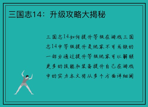 三国志14：升级攻略大揭秘