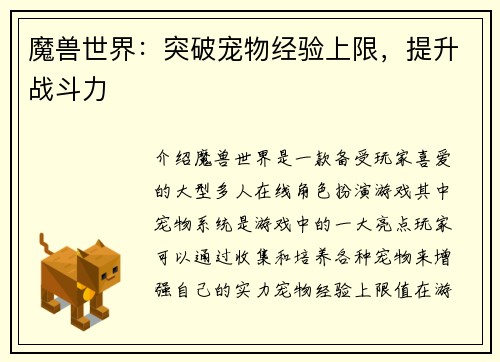 魔兽世界：突破宠物经验上限，提升战斗力